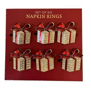 Envogue Rhinestone CHRISTMAS Present Napkin Rings Set of 6 Holiday Red Gold New